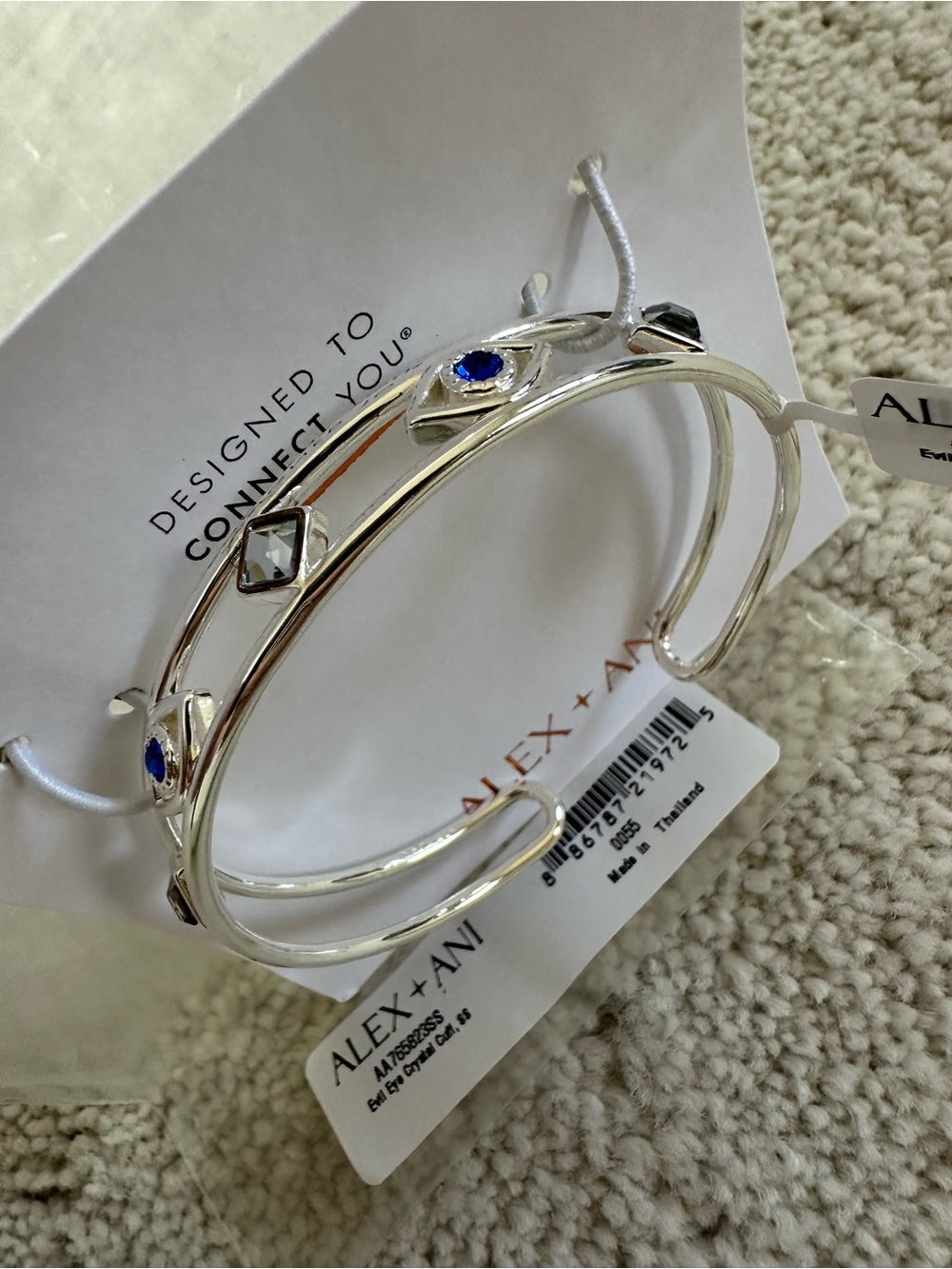 NWT Alex and Ani Silver Evil Eye Cuff Bracelet with Blue and Clear Stones - Picture 2 of 5